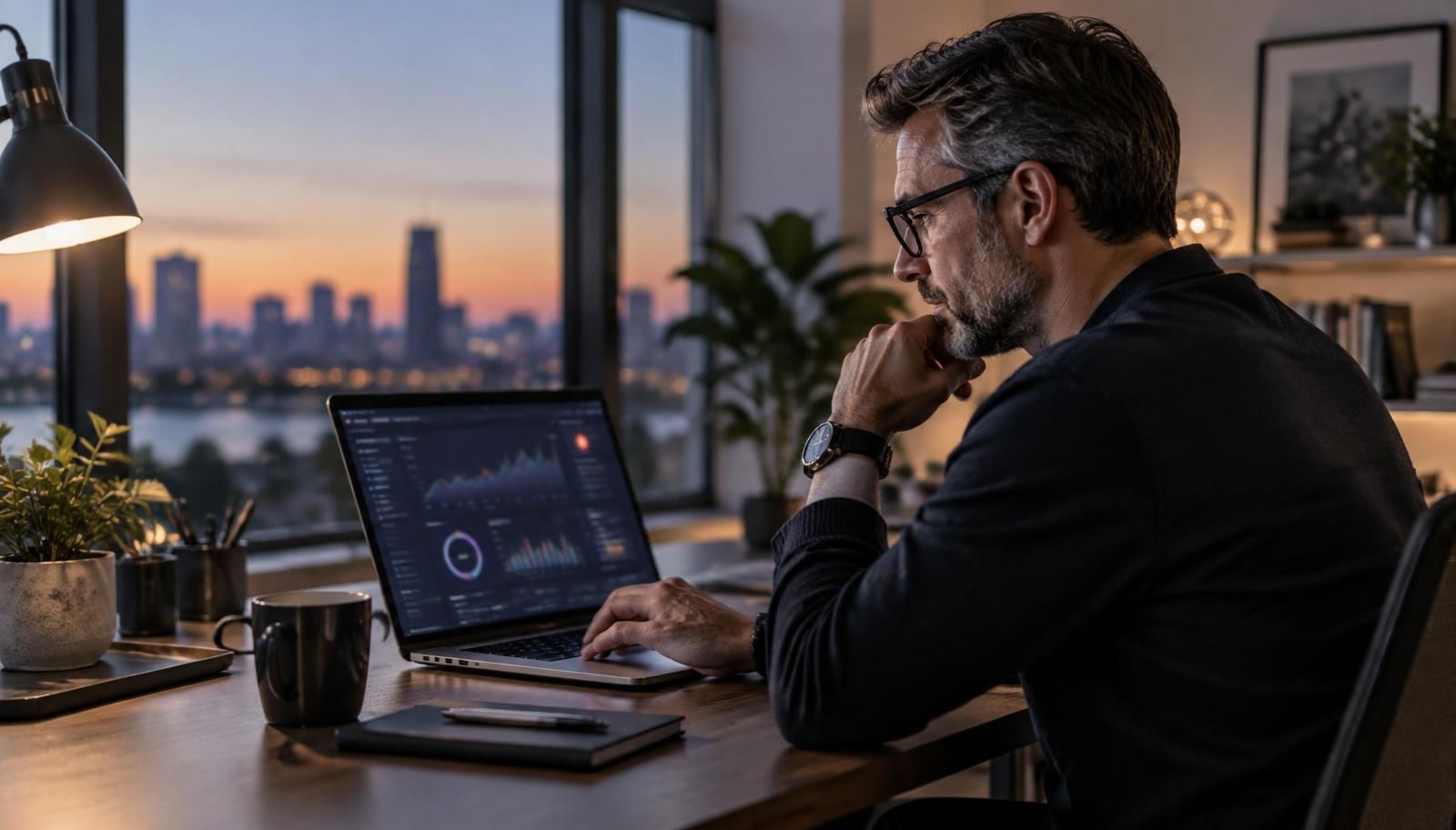 SEO lead reviewing blurred monitoring dashboards and alerts on a laptop at sunset