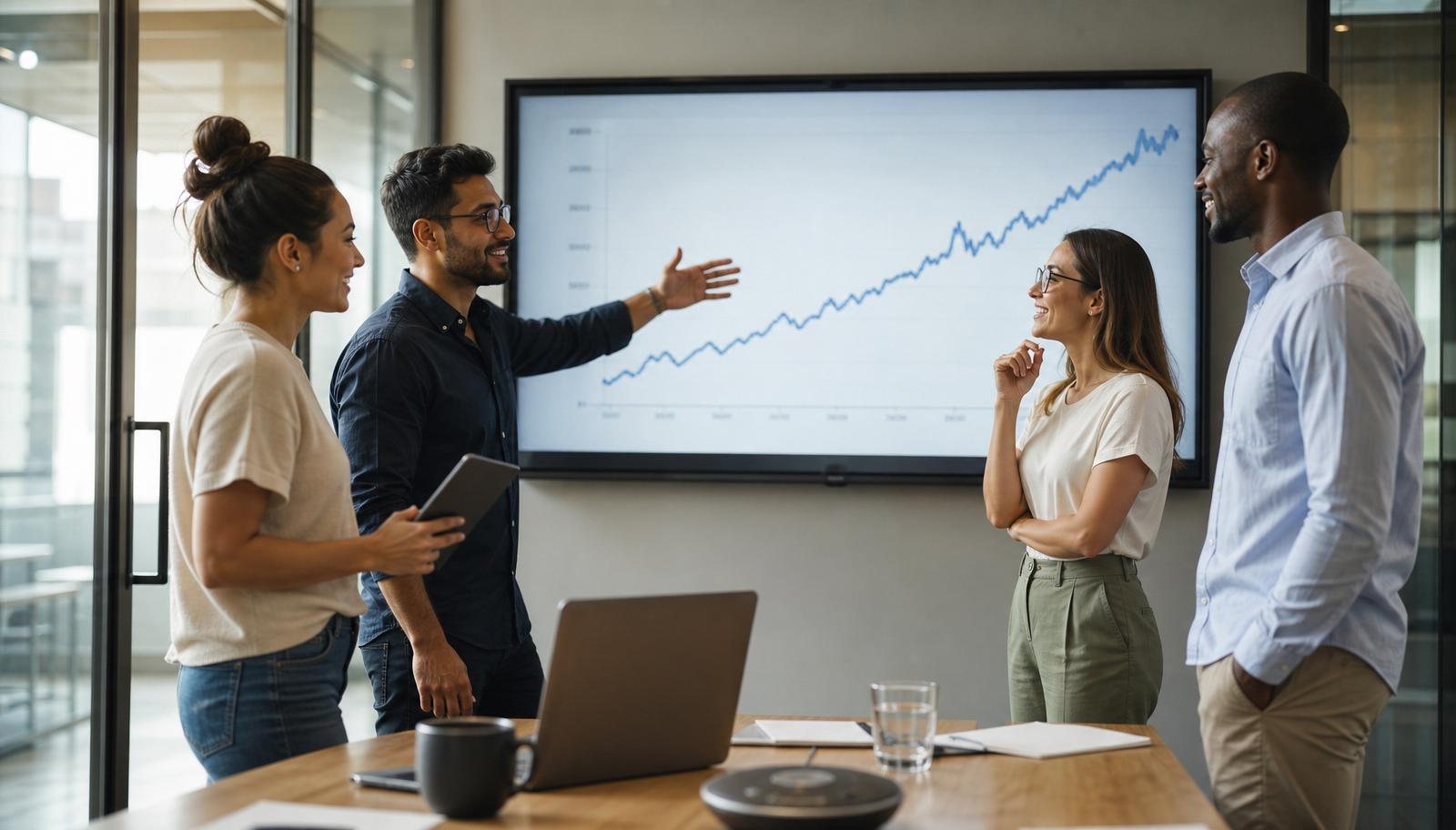 Marketing team celebrating an upward growth chart in a conference room