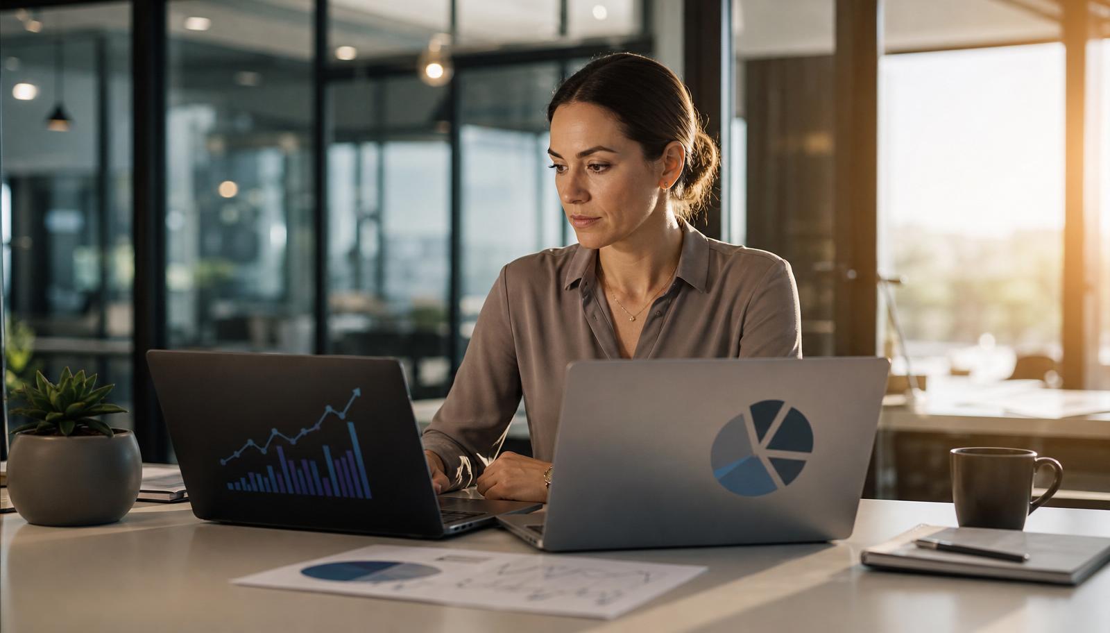 SEO leader evaluating analytics on dual laptops in a modern office