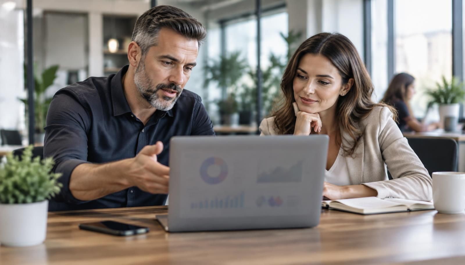 SEO lead and marketing manager discussing a plan beside a laptop with blurred dashboards