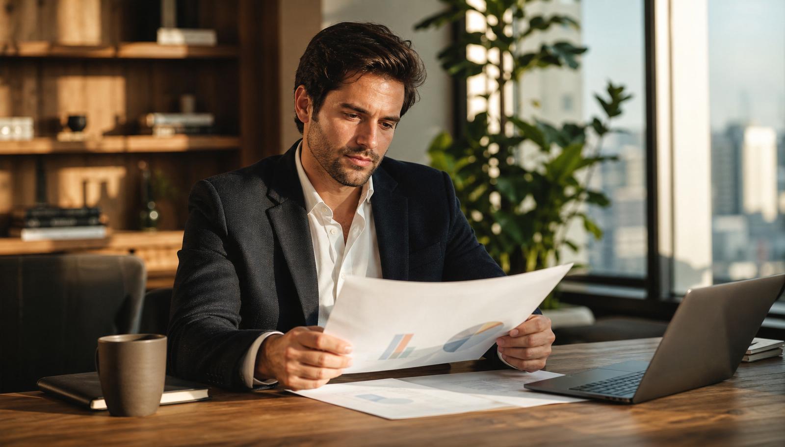 Founder reviewing an analytics report in a warm-lit modern office