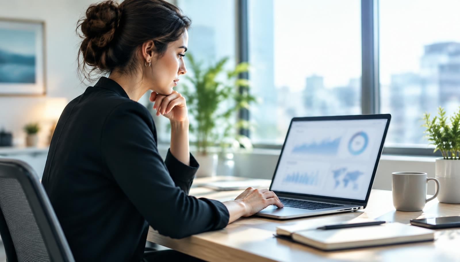 SEO lead reviewing blurred analytics dashboards on a laptop in a modern office